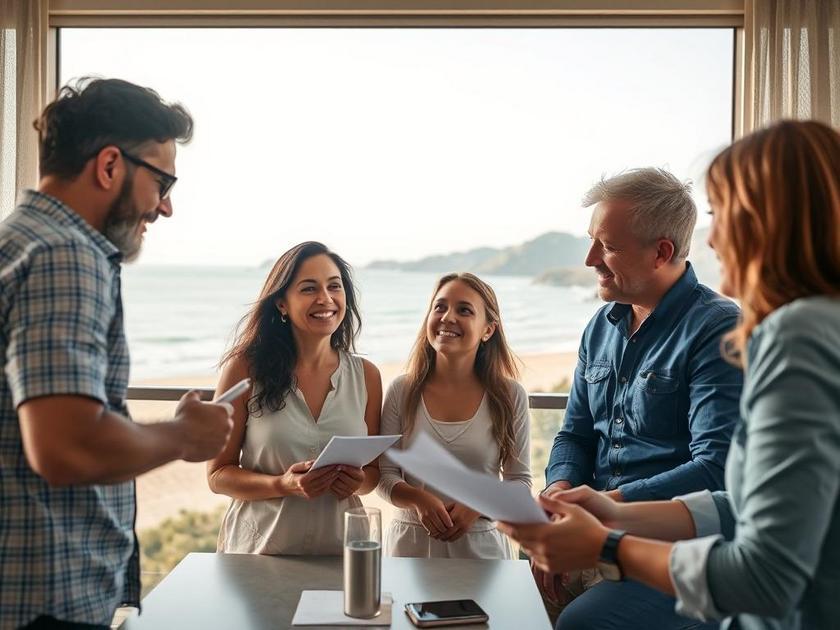 Família diversificada de compradores avaliando imóvel à beira-mar com advogado, frentes a uma belíssima vista.