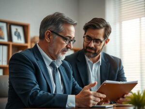 Morador consultando advogado sobre vagas de garagem vinculadas em escritório jurídico moderno.
