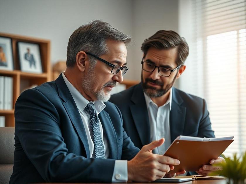 Morador consultando advogado sobre vagas de garagem vinculadas em escritório jurídico moderno.