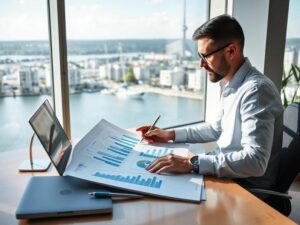 Investidor diversificado analisando gráficos de valorização da Lagoa de Araruama em escritório moderno.