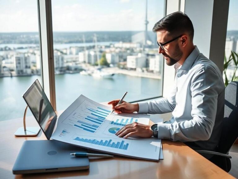 Investidor diversificado analisando gráficos de valorização da Lagoa de Araruama em escritório moderno.