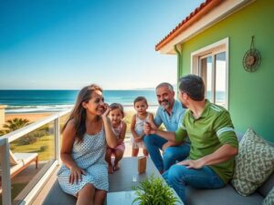Família feliz visitando imóvel em São Pedro da Aldeia, com vista para a praia e sorrisos de entusiasmo.