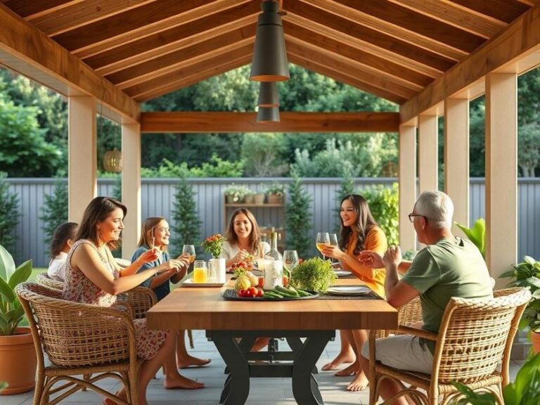 Família reunida em uma varanda gourmet, o espaço ideal para reuniões familiares no seu novo apartamento.