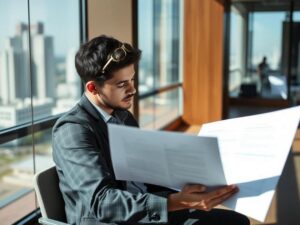 Jovem casal revisando documentos de imóvel em escritório moderno com vista da cidade em São Pedro da Aldeia.