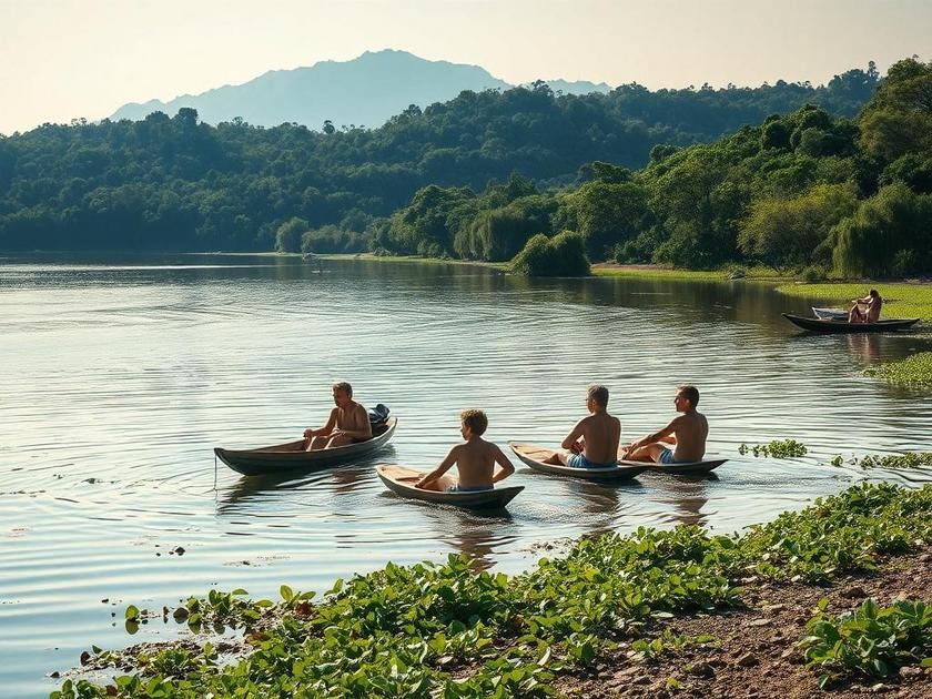 Moradores desfrutando momentos de lazer à beira da lagoa no Brisas da Lagoa, destacando a tranquilidade e a beleza natural.