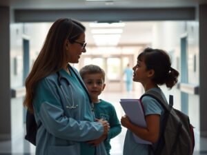 Pessoa adulta e criança em frente a hospital, ilustrando acessibilidade e saúde em São Pedro da Aldeia.