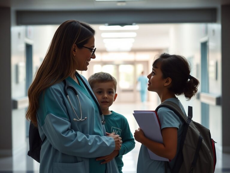 Pessoa adulta e criança em frente a hospital, ilustrando acessibilidade e saúde em São Pedro da Aldeia.