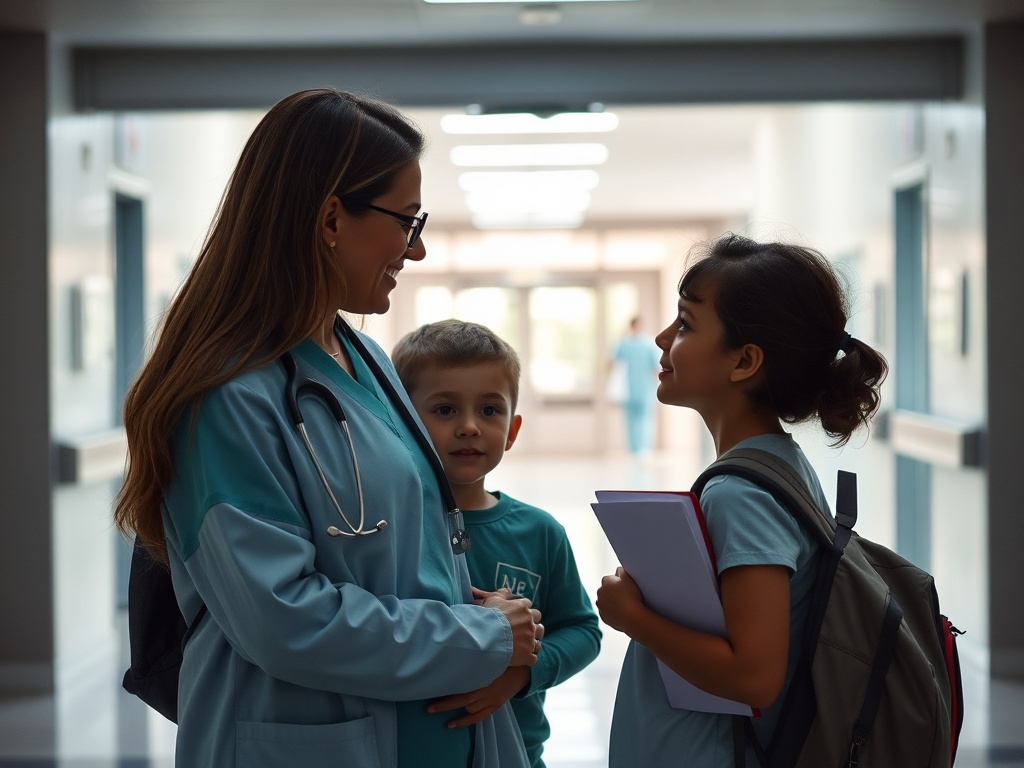 Pessoa adulta e criança em frente a hospital, ilustrando acessibilidade e saúde em São Pedro da Aldeia.