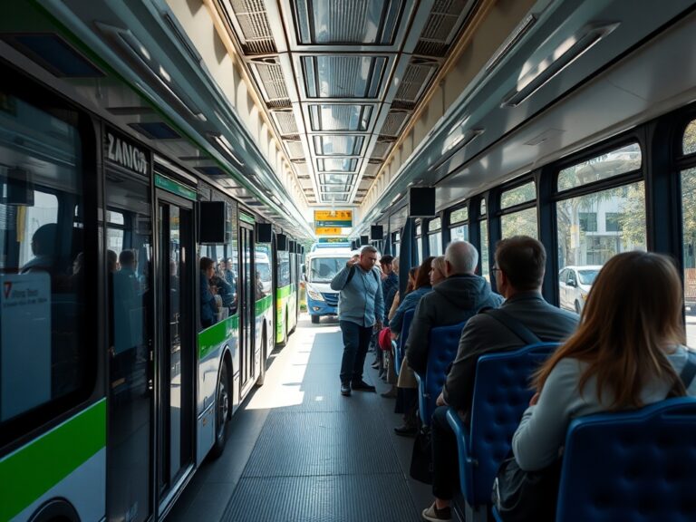 Moradores e visitantes utilizando transporte público em Brisas da Lagoa, mostrando opções de ônibus e vans.