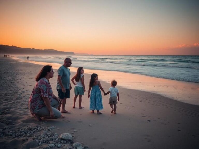 Família diversificada visitando imóvel à beira-mar em São Pedro da Aldeia, transmitindo expectativa na jornada de compra.