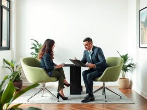 Casal diversificado consultando advogado sobre compra de imóvel em escritório aconchegante, mostrando confiança e clareza.