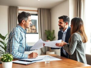 Casal diversificado discutindo a compra de um imóvel em escritório de corretor imobiliário, transmitindo confiança e entusiasmo.