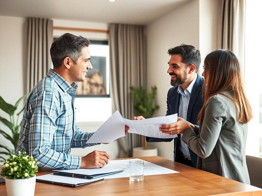 Casal diversificado discutindo a compra de um imóvel em escritório de corretor imobiliário, transmitindo confiança e entusiasmo.