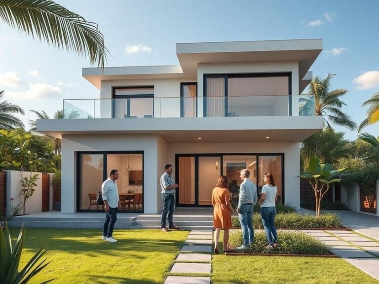 Família diversificada visitando imóvel à venda em São Pedro da Aldeia, com expressões de entusiasmo e esperança.