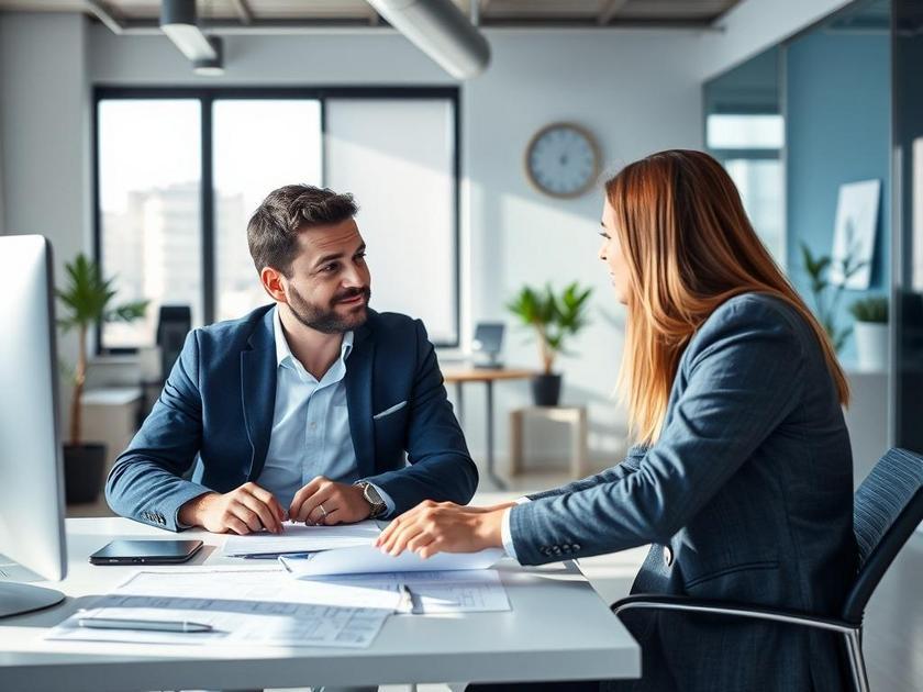 Comprador de imóvel conversando com corretor em escritório moderno sobre compra de imóvel em São Pedro da Aldeia.