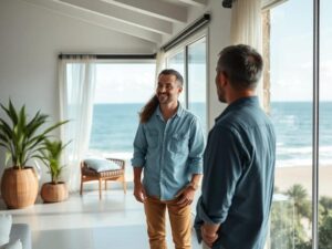 Jovem casal diversificado visitando um imóvel à venda com vista para o mar em São Pedro da Aldeia.