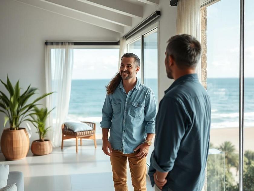 Jovem casal diversificado visitando um imóvel à venda com vista para o mar em São Pedro da Aldeia.