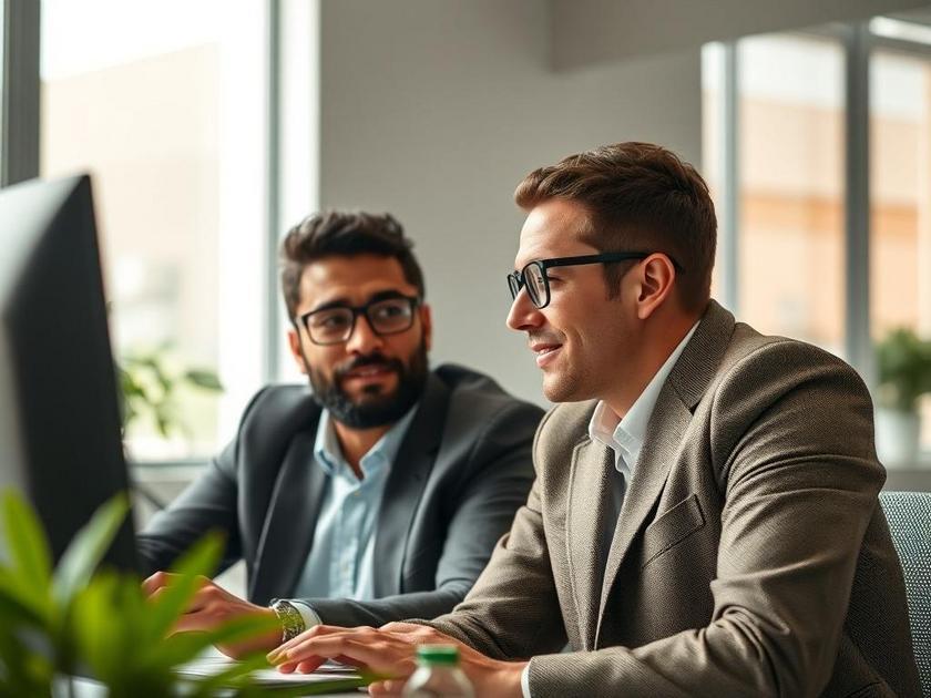 Casal jovem diversificado discutindo financiamento para compra de imóvel, em escritório de corretagem.