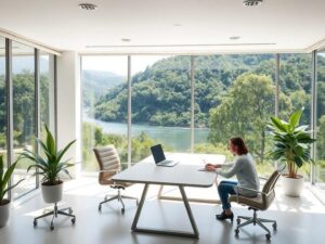 Casal diversificado revisando contrato de compra em escritório imobiliário com paisagens naturais ao fundo.