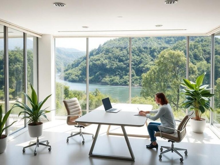 Casal diversificado revisando contrato de compra em escritório imobiliário com paisagens naturais ao fundo.