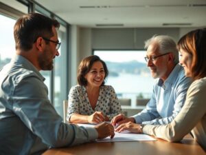Família diversificada revisando contrato de compra em sala de reunião com vista para lagoa em São Pedro da Aldeia.