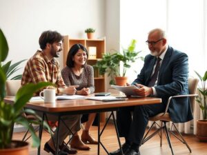 Família diversificada consultando advogado sobre compra de imóvel em escritório moderno e acolhedor.