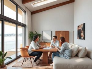Família diversificada examinando imóvel à venda em casa moderna com vista para lagoa em São Pedro da Aldeia.