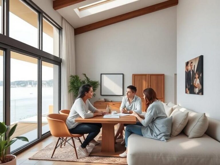 Família diversificada examinando imóvel à venda em casa moderna com vista para lagoa em São Pedro da Aldeia.