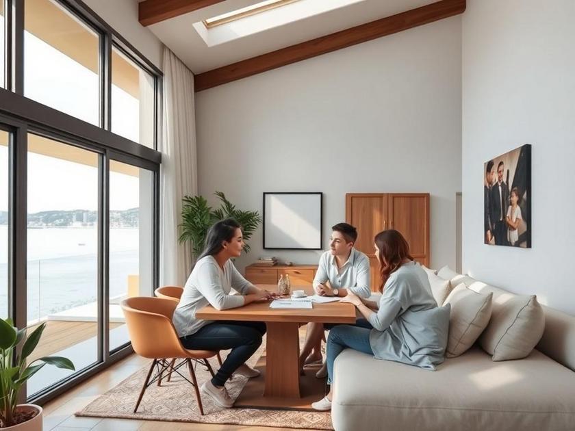 Família diversificada examinando imóvel à venda em casa moderna com vista para lagoa em São Pedro da Aldeia.