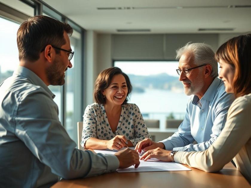Família diversificada revisando contrato de compra em sala de reunião com vista para lagoa em São Pedro da Aldeia.