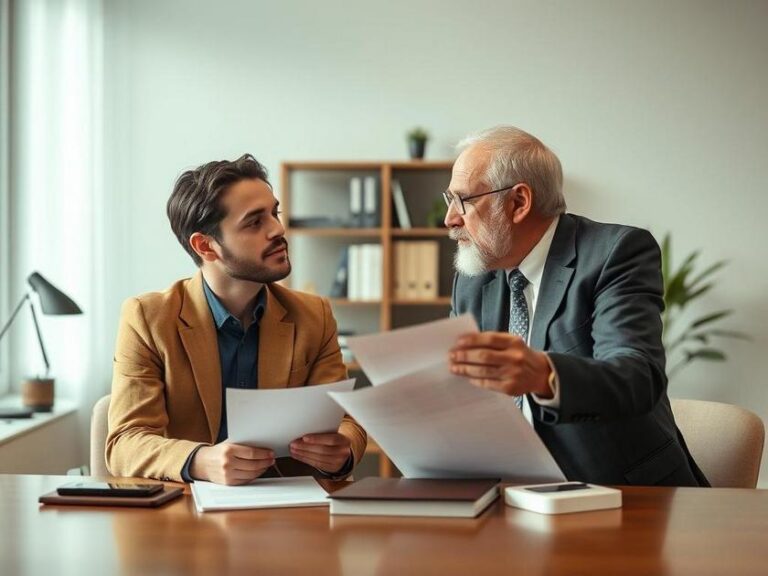 Casal jovem conversando com advogado sobre compra de imóvel em escritório moderno.