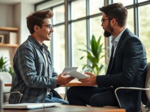 Jovem casal diversificado se consultando com corretor em escritório moderno sobre imóveis em São Pedro da Aldeia.