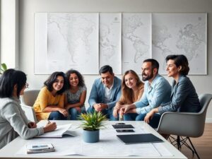 Família diversificada em reunião com advogado sobre compra de imóvel na Região dos Lagos em escritório moderno.