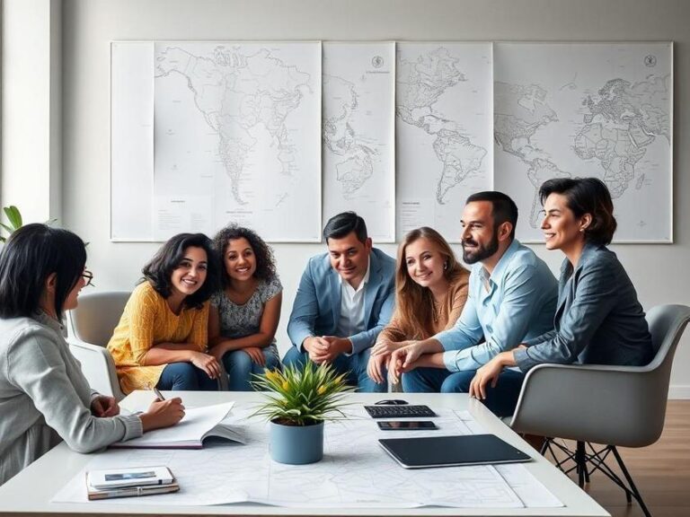 Família diversificada em reunião com advogado sobre compra de imóvel na Região dos Lagos em escritório moderno.