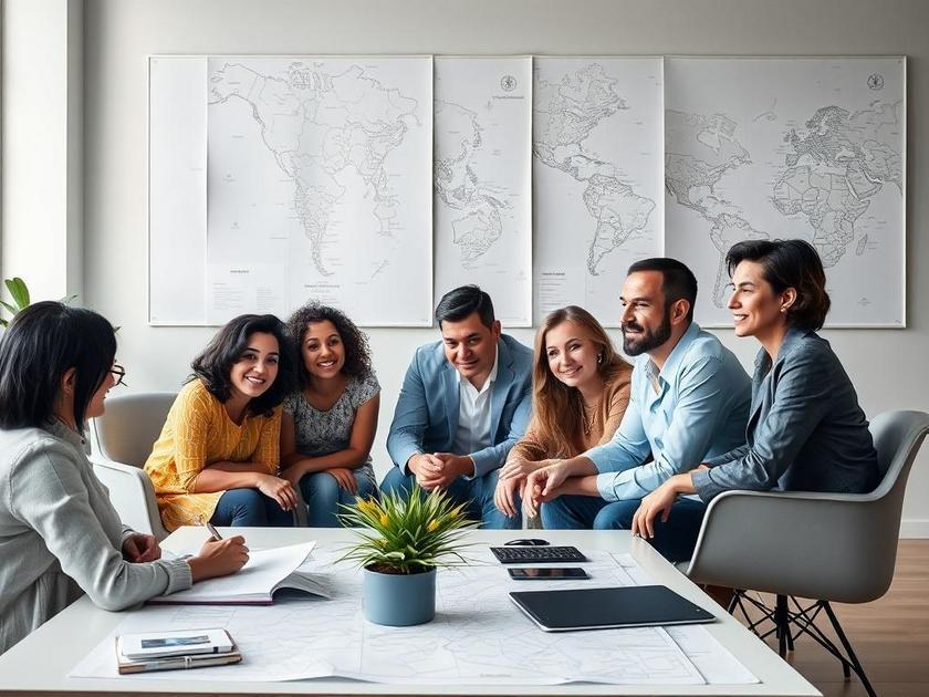 Família diversificada em reunião com advogado sobre compra de imóvel na Região dos Lagos em escritório moderno.