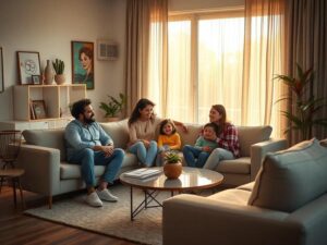 Família multicultural explorando um novo lar em sala de estar moderna, transmitindo segurança e felicidade na compra de imóvel.