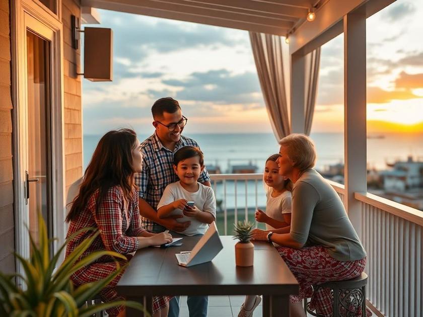 Família multicultural visitando imóvel com corretor em varanda com vista para o mar em São Pedro da Aldeia.