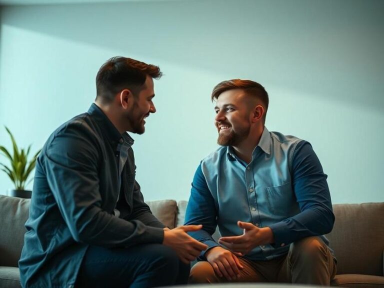 Casal jovem e corretor discutindo sobre a compra de imóvel em ambiente aconchegante com luz natural.