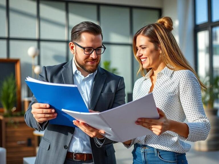 Casal diversificado avaliando documentos em imobiliária moderna durante a compra de um imóvel em São Pedro da Aldeia.