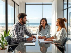 Casal diversificado analisando planta de imóvel em escritório moderno com vista para a praia.
