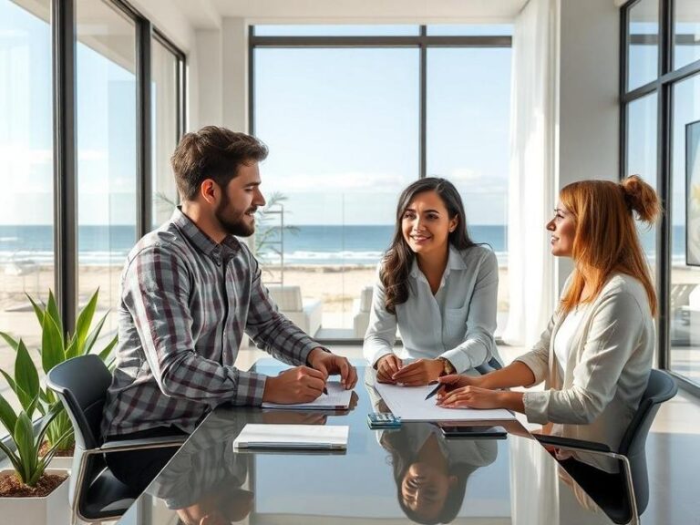 Casal diversificado analisando planta de imóvel em escritório moderno com vista para a praia.