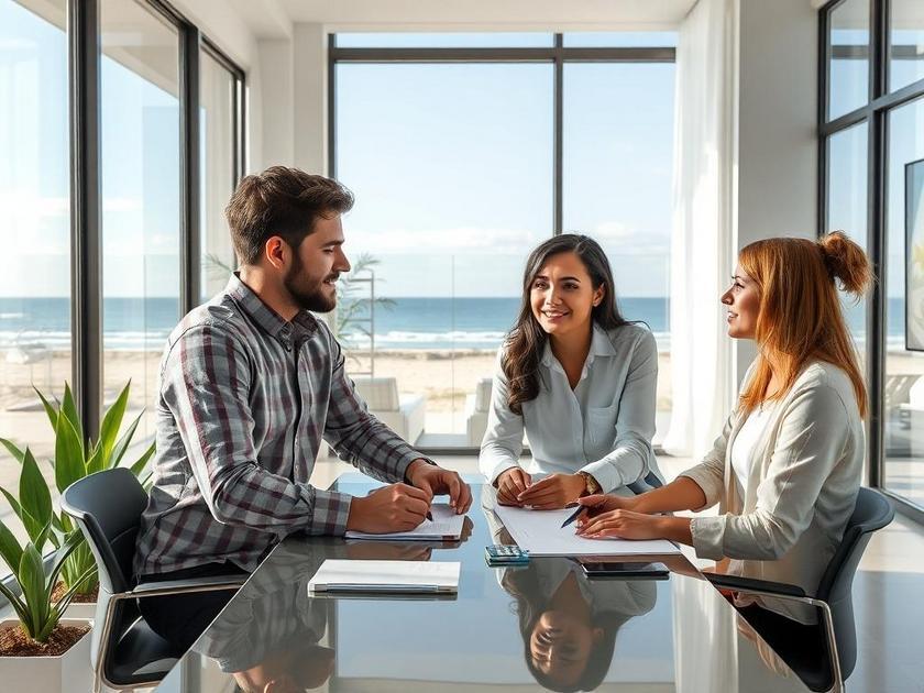 Casal diversificado analisando planta de imóvel em escritório moderno com vista para a praia.