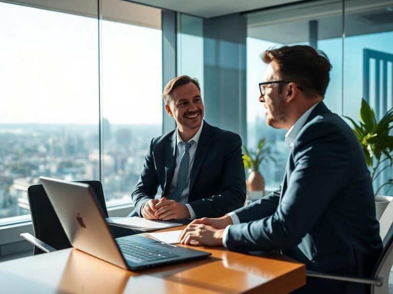 Cliente recebendo orientação de corretor de imóveis em escritório moderno em São Pedro da Aldeia, destacando oportunidades no mercado imobiliário.