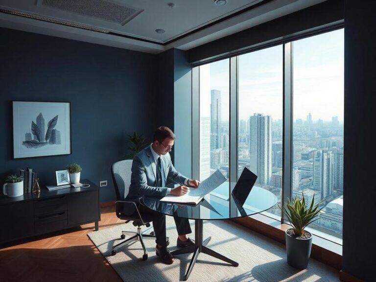 Profissional imobiliário ajudando casal diverso na análise de contratos em escritório moderno.