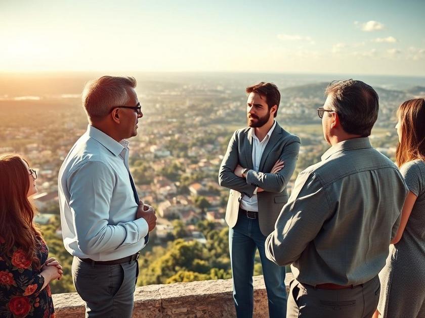 Consultor imobiliário conversando com grupo diversificado de investidores em praia e imóveis em São Pedro da Aldeia.