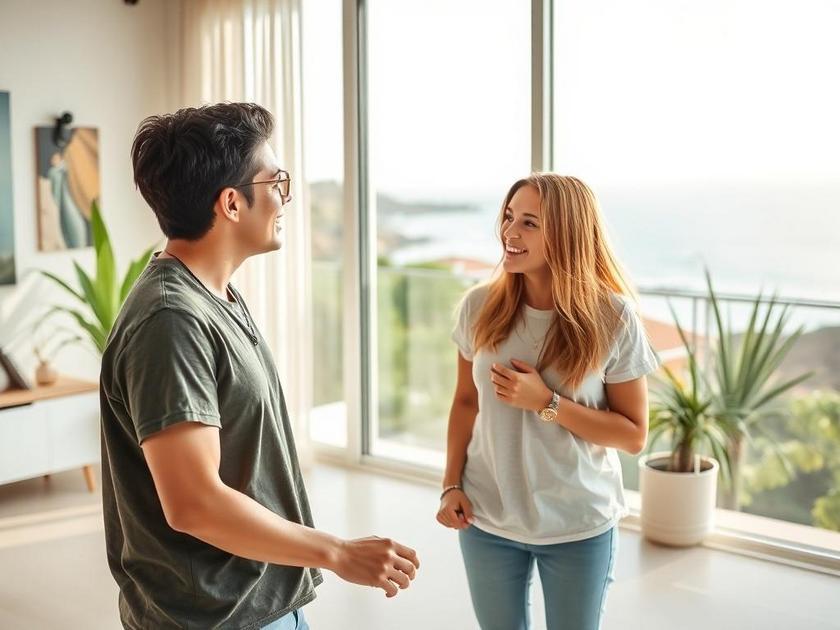 Casal jovem visitando imóvel à venda em São Pedro da Aldeia, com vista para o mar.