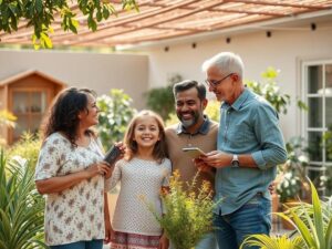 Família diversificada explorando imóveis de veraneio com corretor em área externa ensolarada.