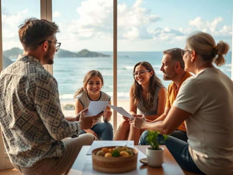 Família diversificada discutindo sobre a compra de imóvel com vista para a praia em São Pedro da Aldeia.
