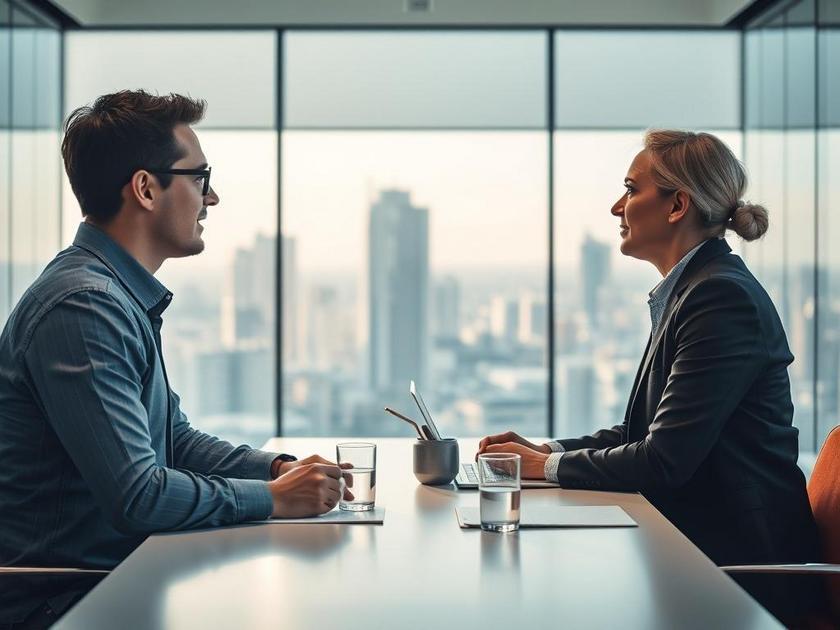 Cliente discutindo com corretor de imóveis em sala de reuniões moderna sobre compra de imóvel em São Pedro da Aldeia.