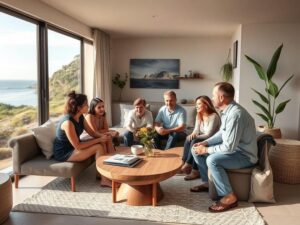 Família diversificada visitando imóvel com vista para o mar em São Pedro da Aldeia, transmitindo felicidade e segurança na compra.